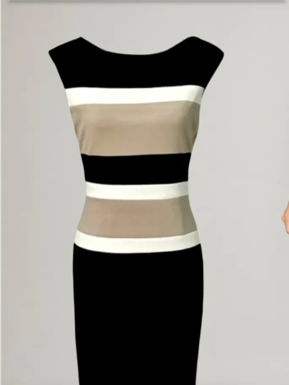 White house Black market Sleeveless Black and Beige Striped Sheath Dress